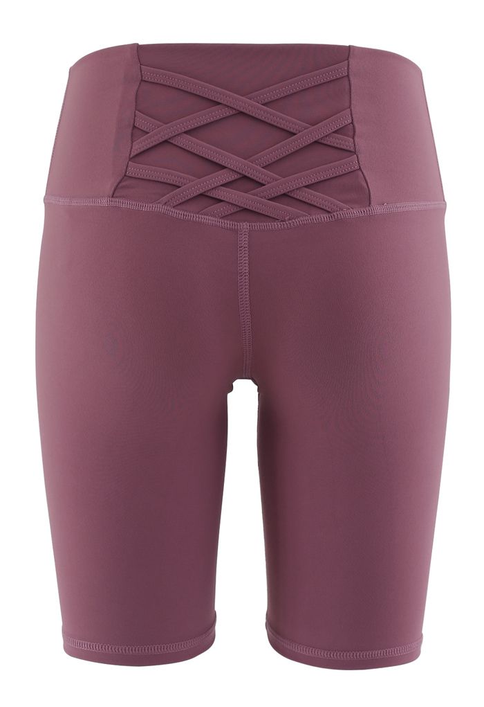 Crisscross Lines Trim Legging Shorts in Burgundy