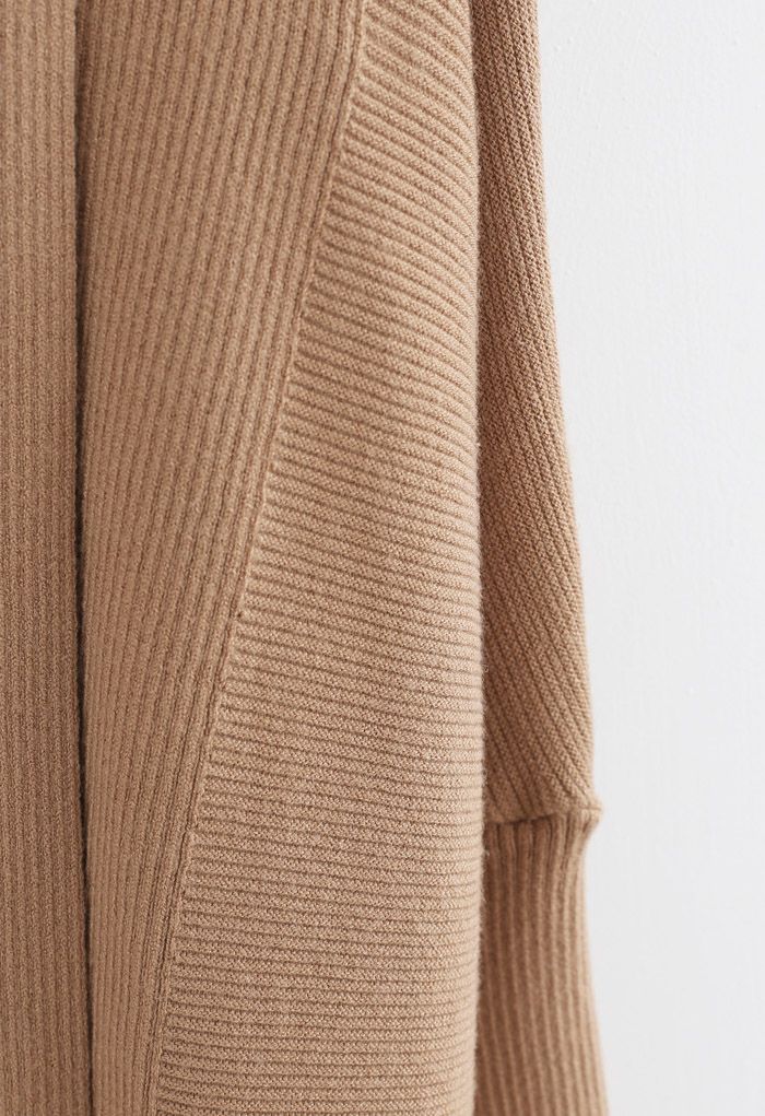 Basic Rib Knit Drape Neck Cardigan in Caramel