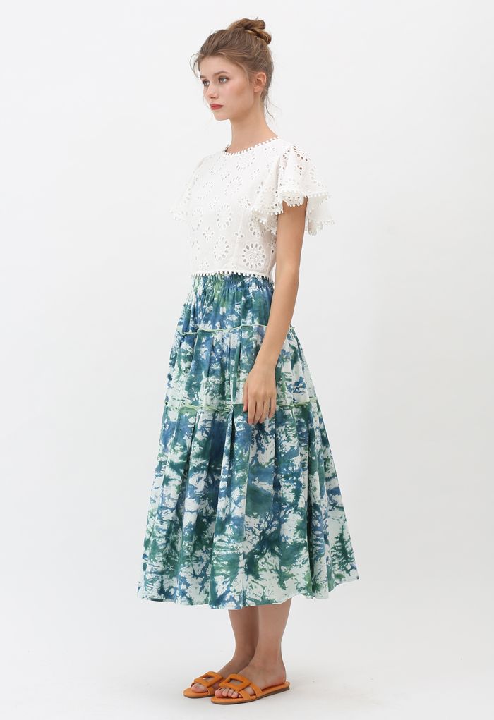 Floral Eyelet Embroidered Ruffle Sleeves Crop Top in White