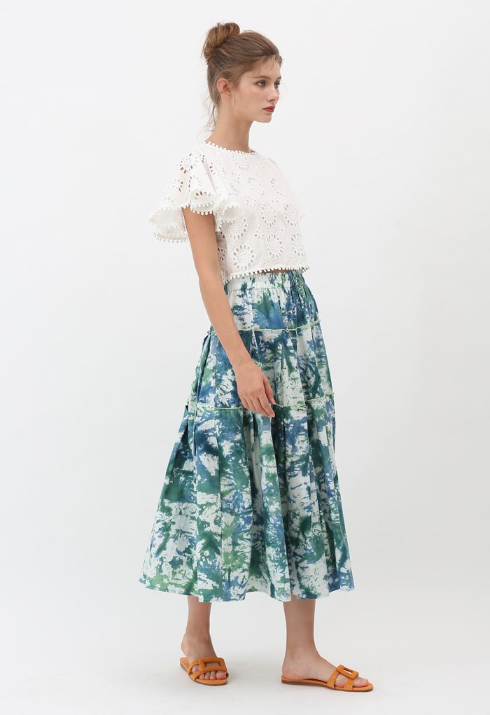 Floral Eyelet Embroidered Ruffle Sleeves Crop Top in White