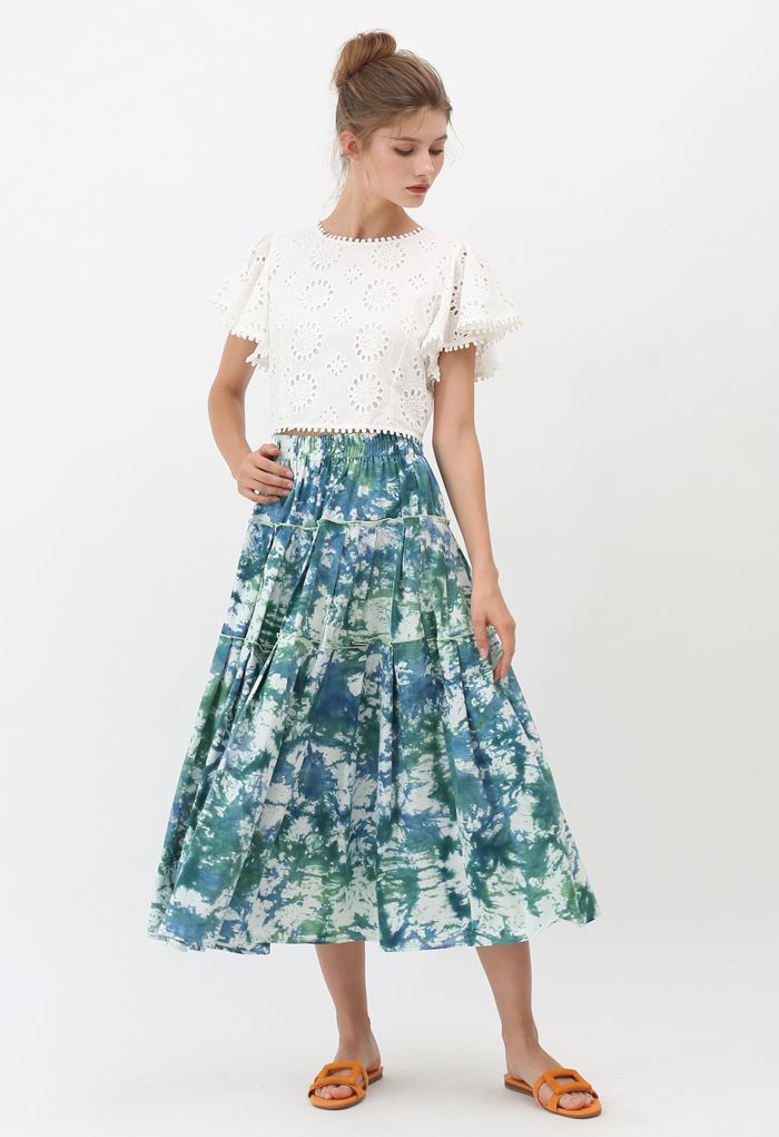 Floral Eyelet Embroidered Ruffle Sleeves Crop Top in White
