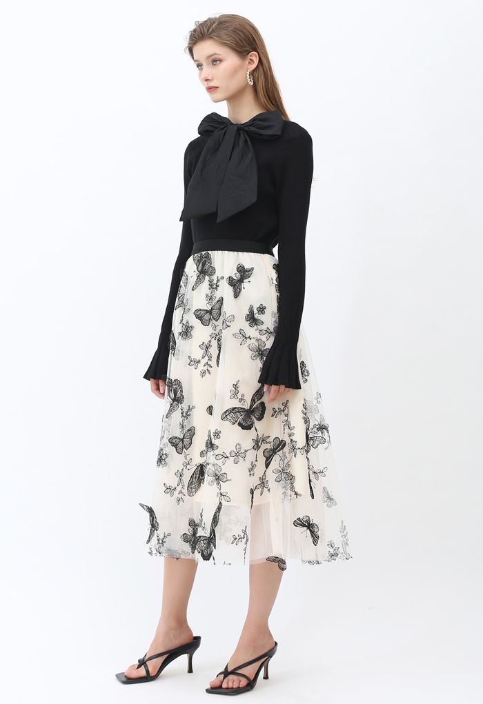 3D Butterfly Double-Layered Mesh Midi Skirt in Cream