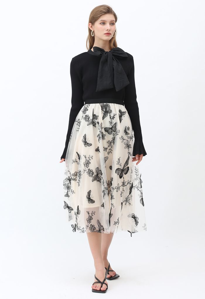 3D Butterfly Double-Layered Mesh Midi Skirt in Cream