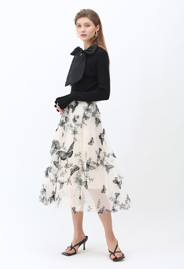 3D Butterfly Double-Layered Mesh Midi Skirt in Cream