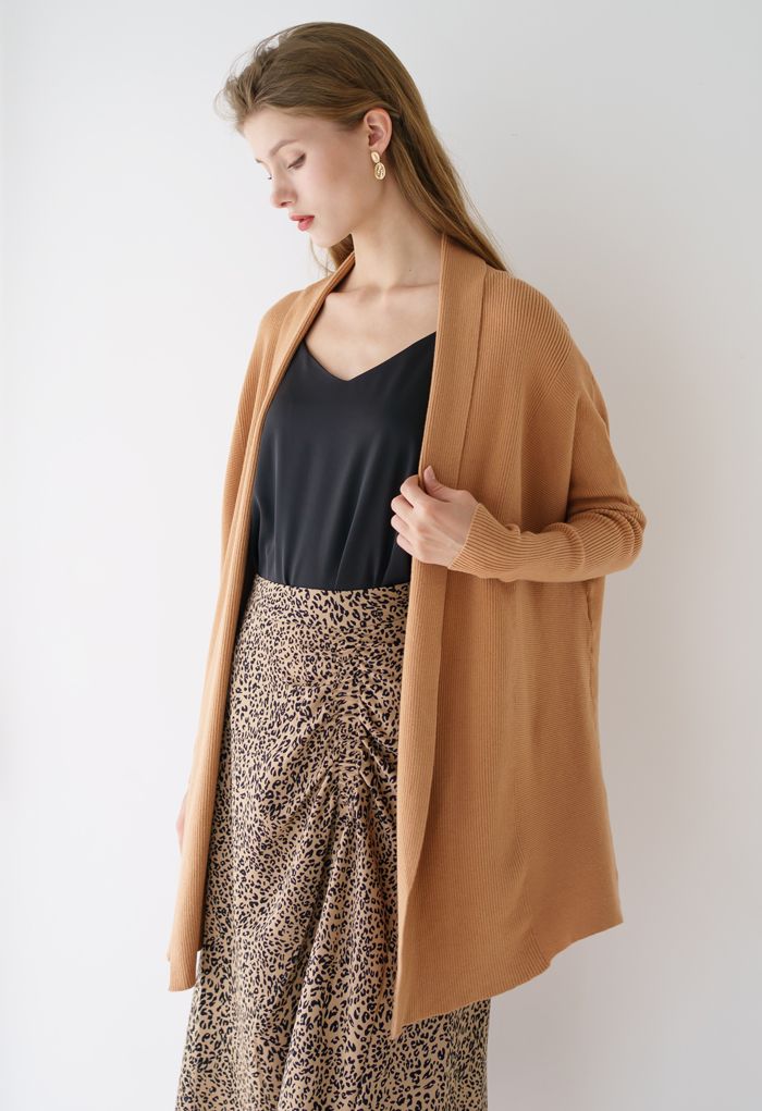 Basic Rib Knit Drape Neck Cardigan in Caramel