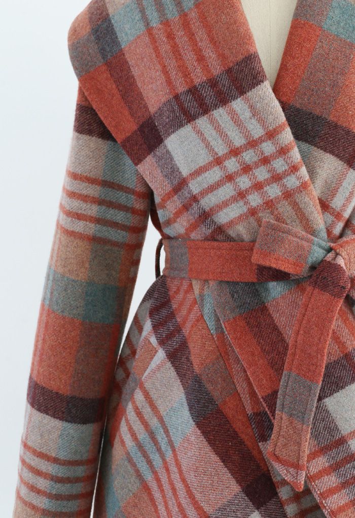 Plaid Pattern Rabato Coat in Coral