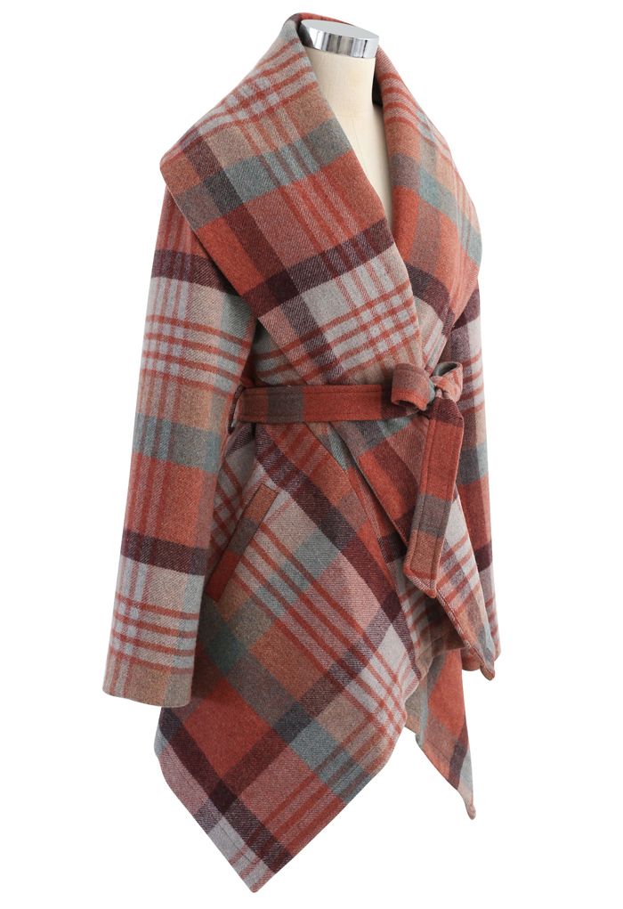 Plaid Pattern Rabato Coat in Coral