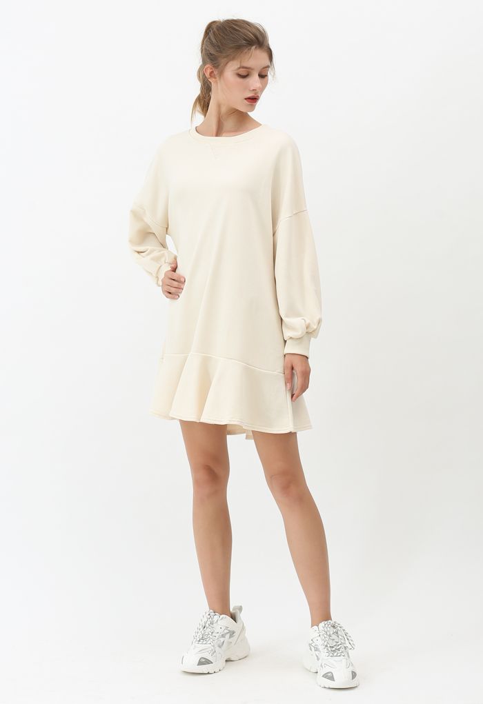 Ruffle Hem Sleeves Shift Mini Dress in Cream