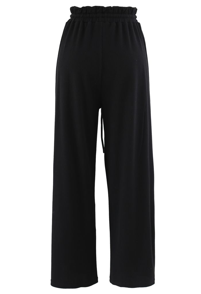 Drawstring Paper-Bag Waist Ribbed Yoga Pants in Black