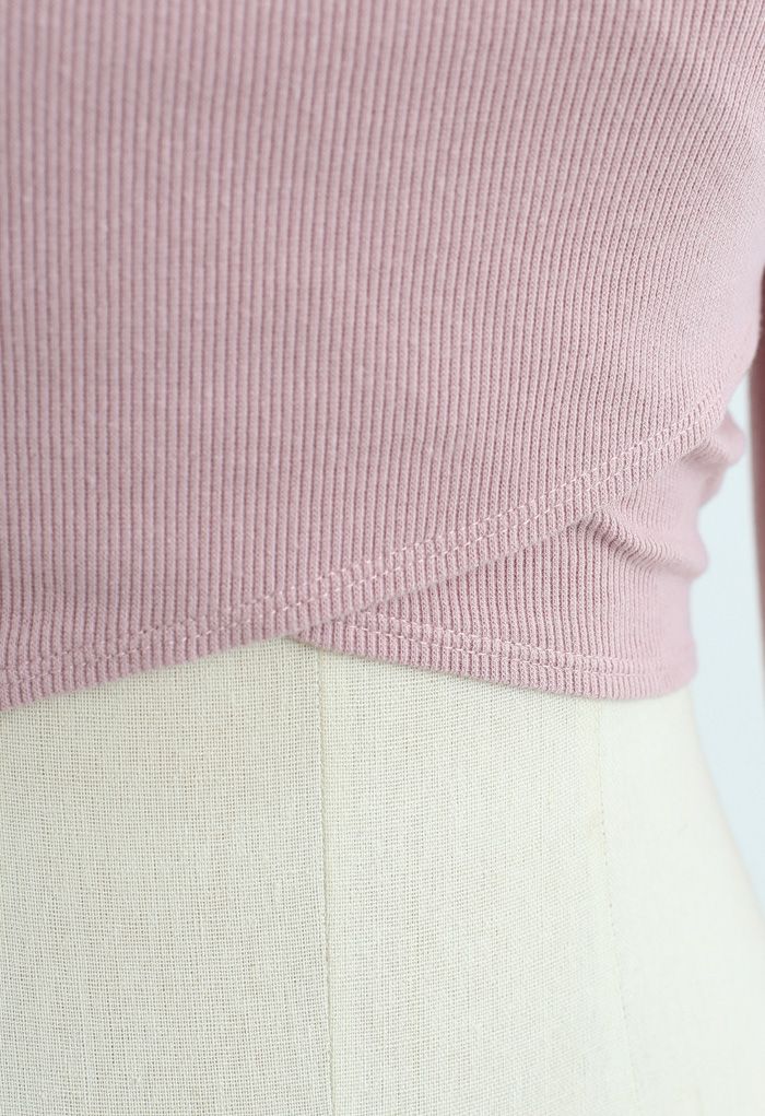 Crisscross Front Long Sleeves Ribbed Top in Pink