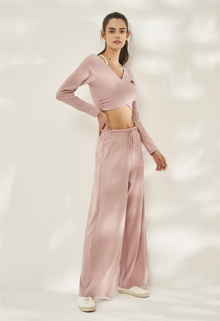 Crisscross Front Long Sleeves Ribbed Top in Pink