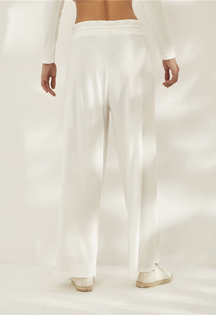 Drawstring Paper-Bag Waist Ribbed Yoga Pants in White
