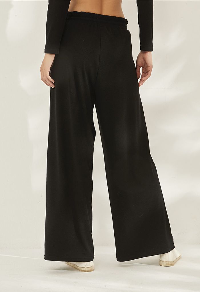 Drawstring Paper-Bag Waist Ribbed Yoga Pants in Black