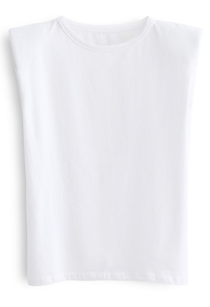 Padded Shoulder Sleeveless Top in White