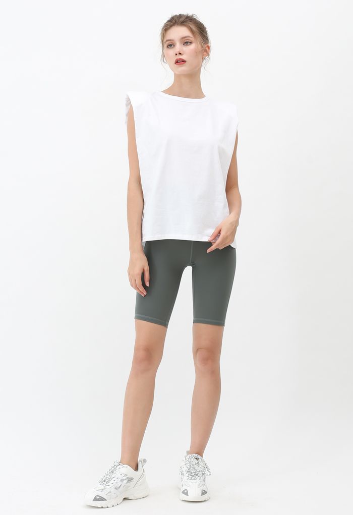 Padded Shoulder Sleeveless Top in White