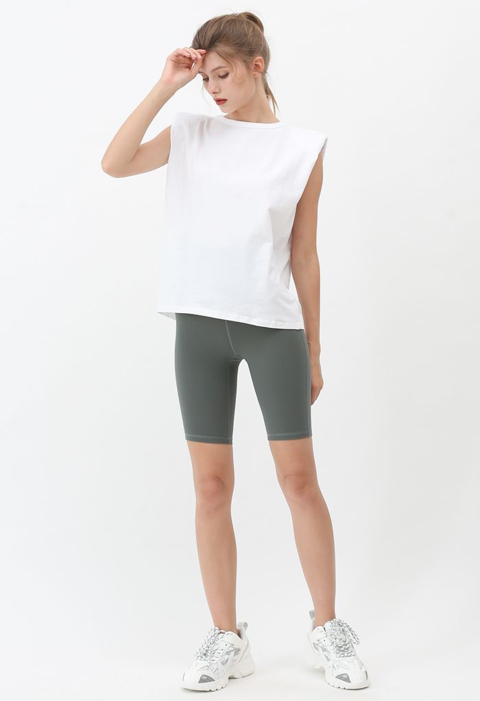 Padded Shoulder Sleeveless Top in White