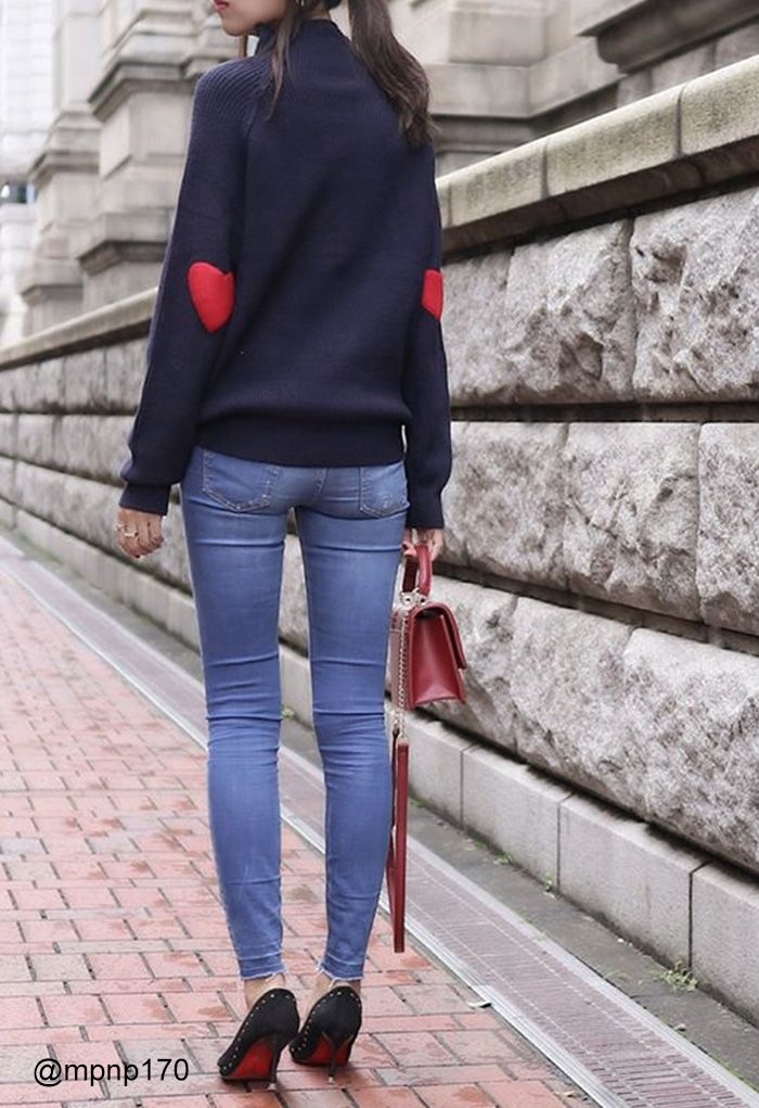 Heart and Soul Patched Knit Sweater in Navy