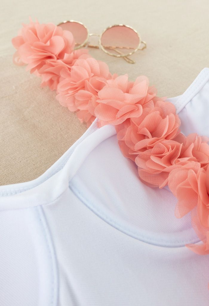 3D Floral Straps Scoop Back Swimsuit in White