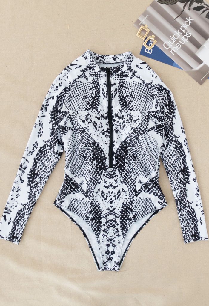 Snake Print Long Sleeves Zipper One-Piece Swimsuit
