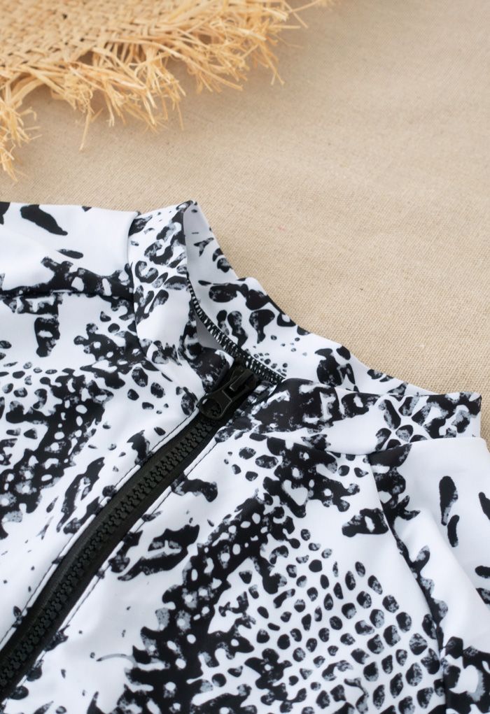 Snake Print Long Sleeves Zipper One-Piece Swimsuit