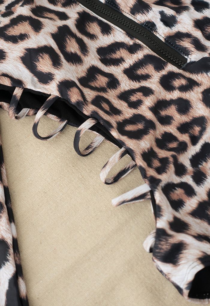 Cheetah Print Long Sleeves Zipper One-Piece Swimsuit