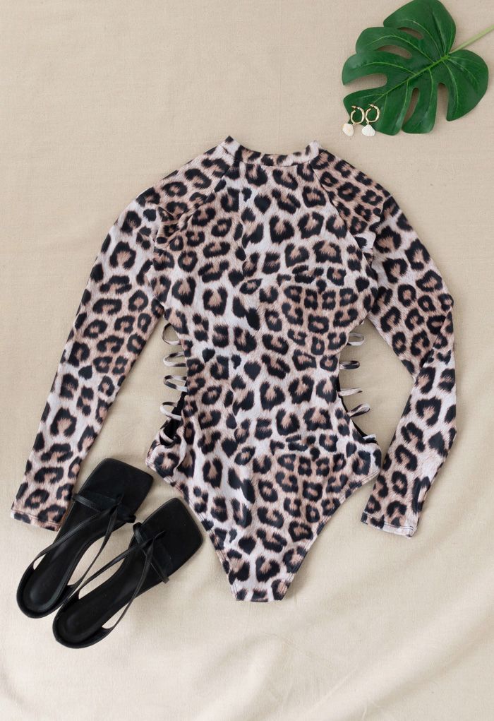 Cheetah Print Long Sleeves Zipper One-Piece Swimsuit