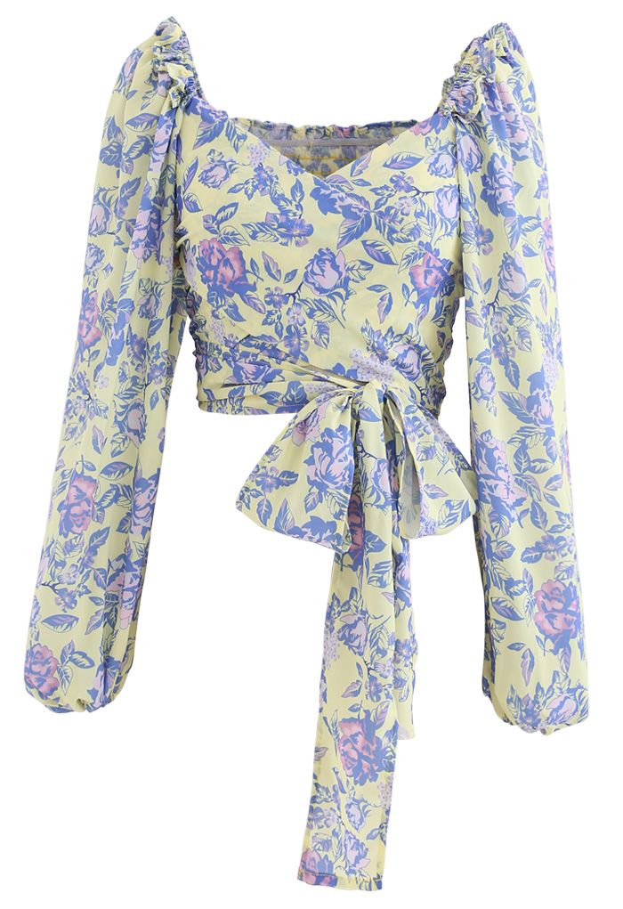 Puff Sleeves Floral Shirred Wrapped Crop Top