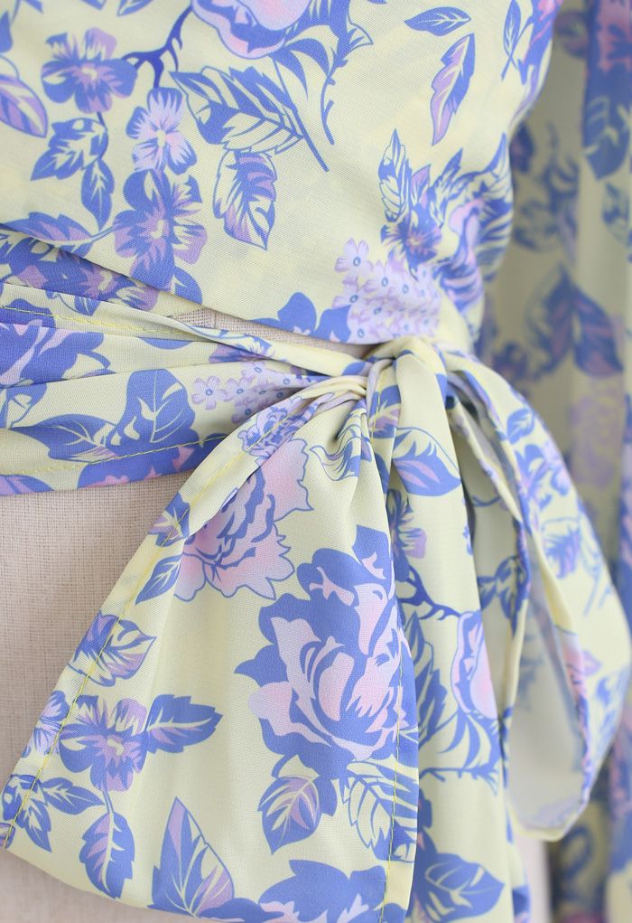 Puff Sleeves Floral Shirred Wrapped Crop Top