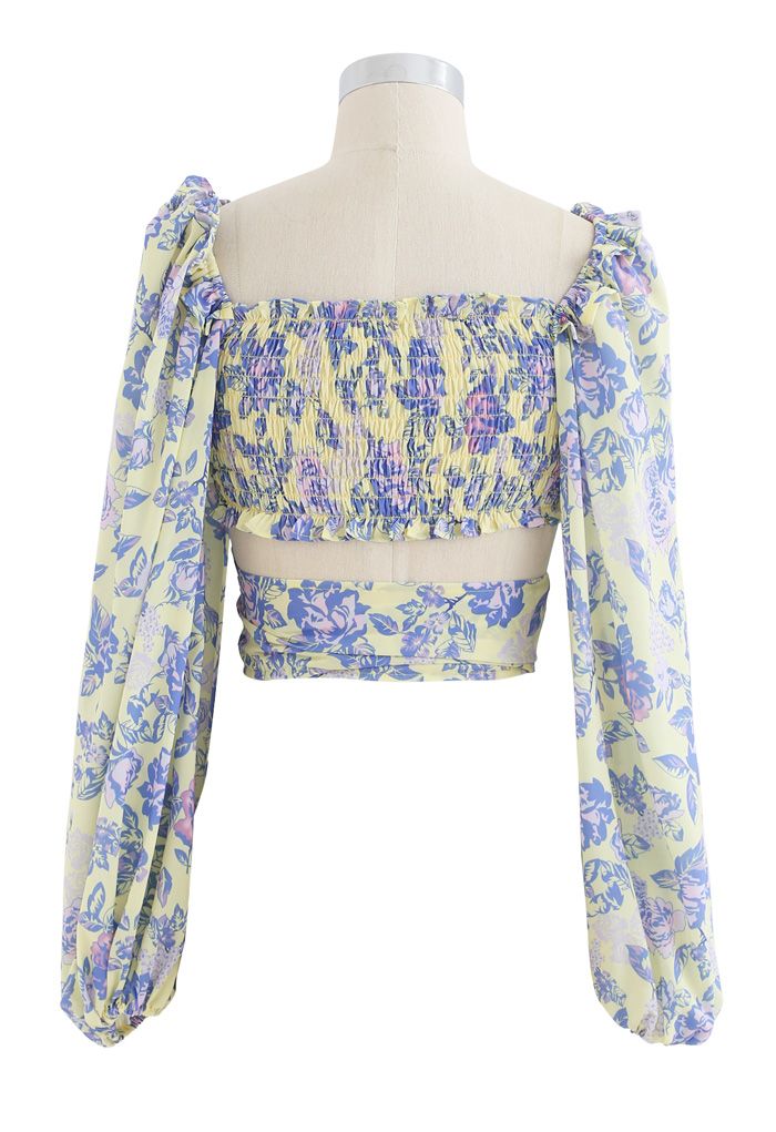 Puff Sleeves Floral Shirred Wrapped Crop Top