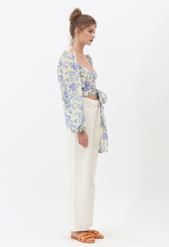 Puff Sleeves Floral Shirred Wrapped Crop Top
