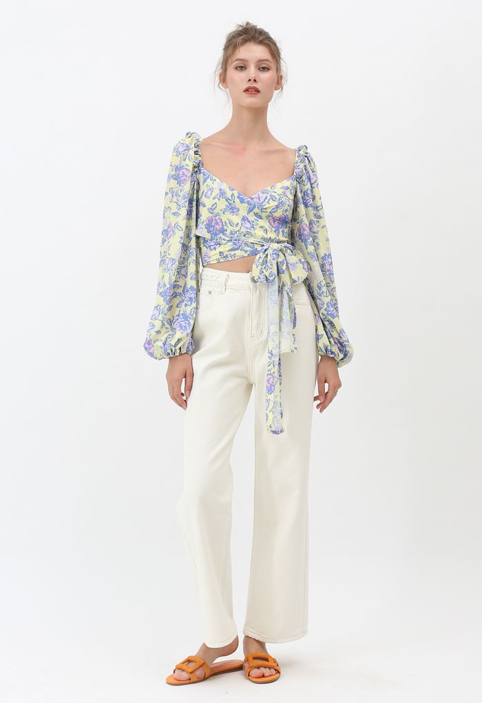 Puff Sleeves Floral Shirred Wrapped Crop Top