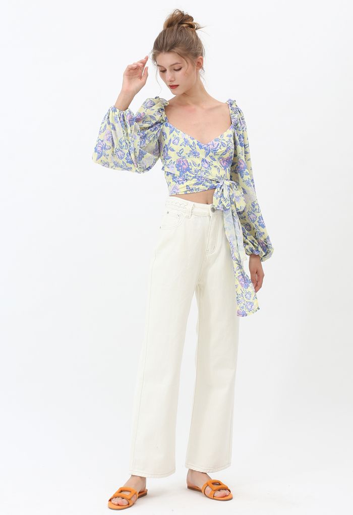 Puff Sleeves Floral Shirred Wrapped Crop Top