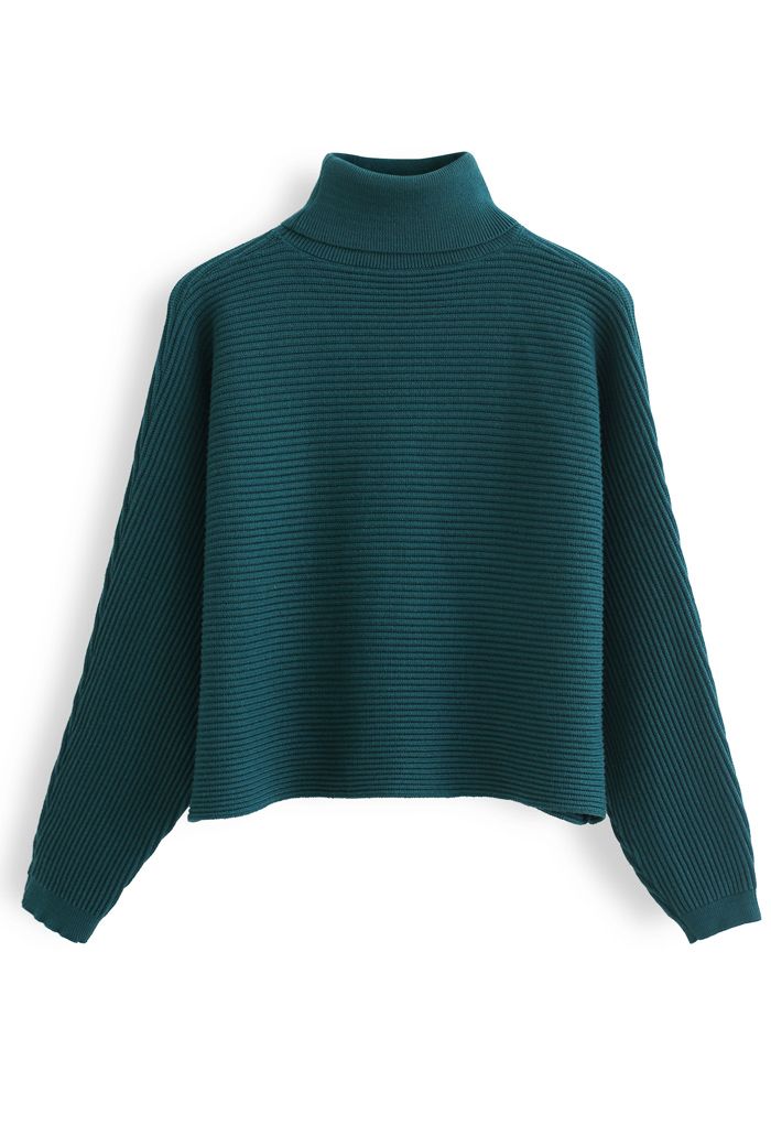 Basic Rib Knit Cowl Neck Crop Sweater in Dark Green