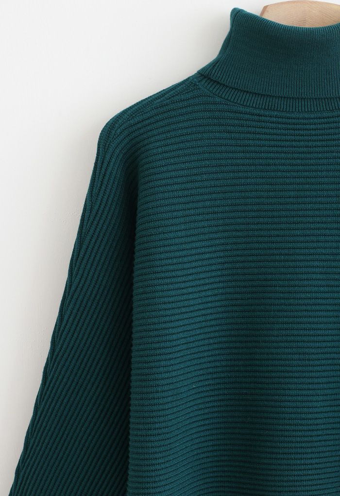 Basic Rib Knit Cowl Neck Crop Sweater in Dark Green