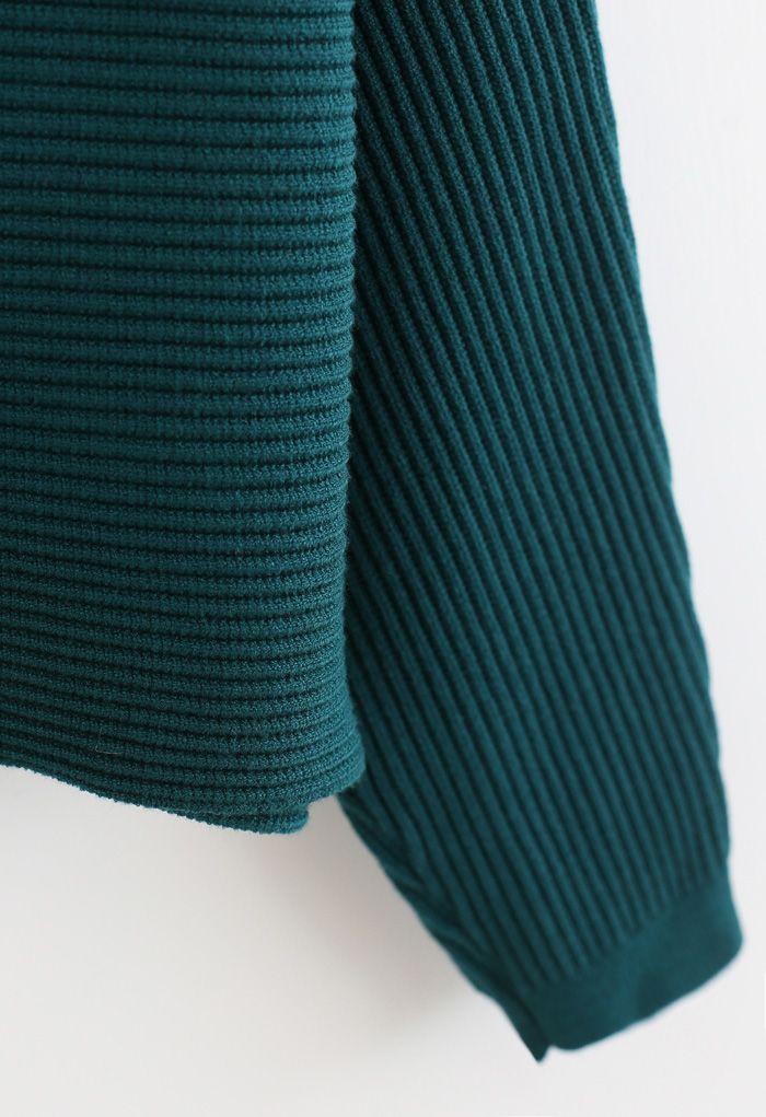 Basic Rib Knit Cowl Neck Crop Sweater in Dark Green