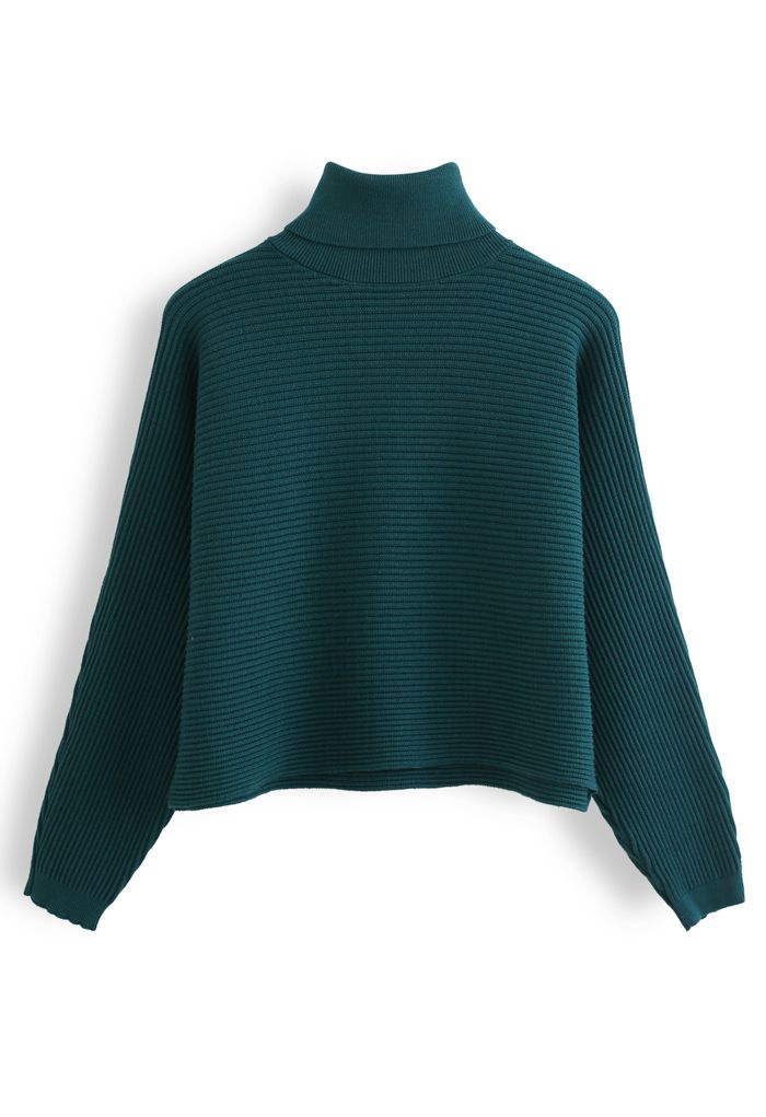 Basic Rib Knit Cowl Neck Crop Sweater in Dark Green