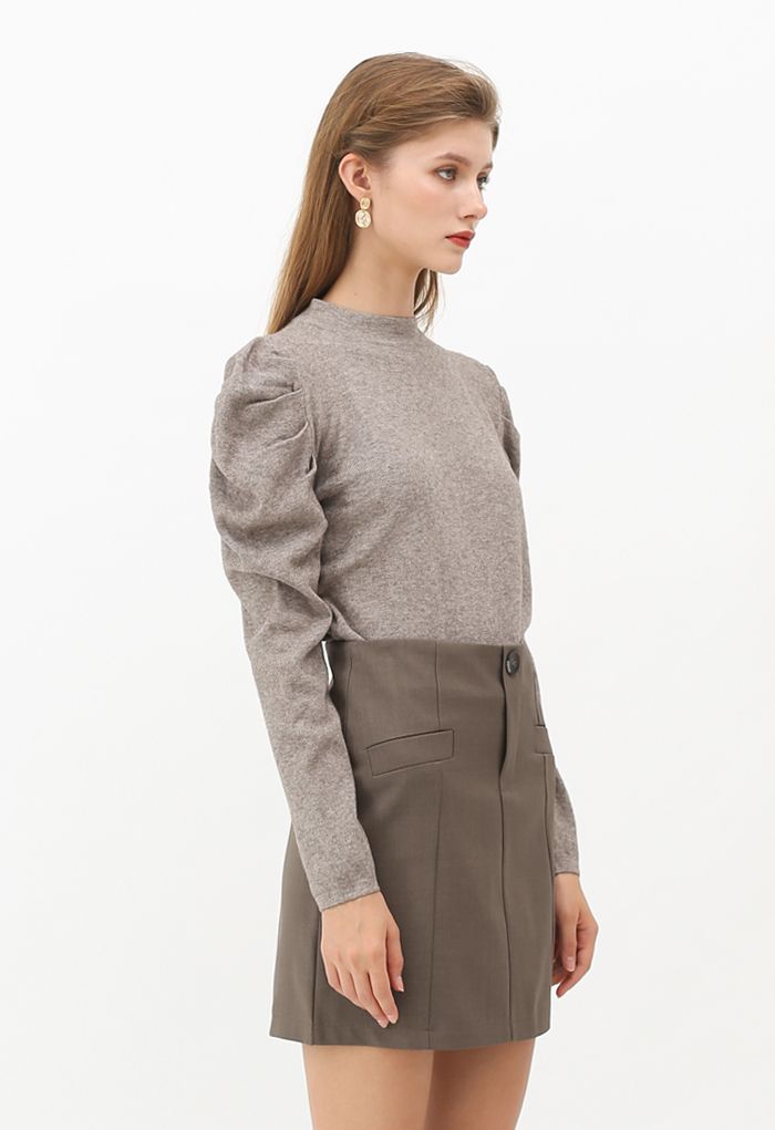Mock Neck Bubble Sleeves Knit Top in Taupe