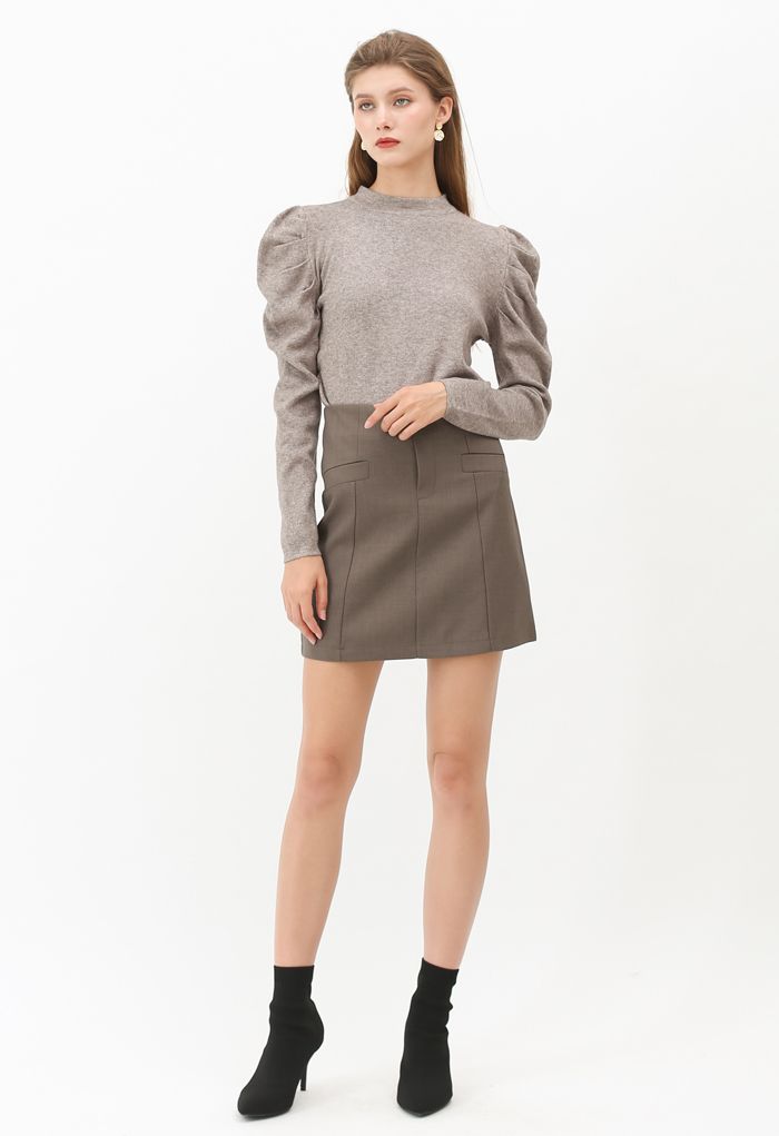 Mock Neck Bubble Sleeves Knit Top in Taupe
