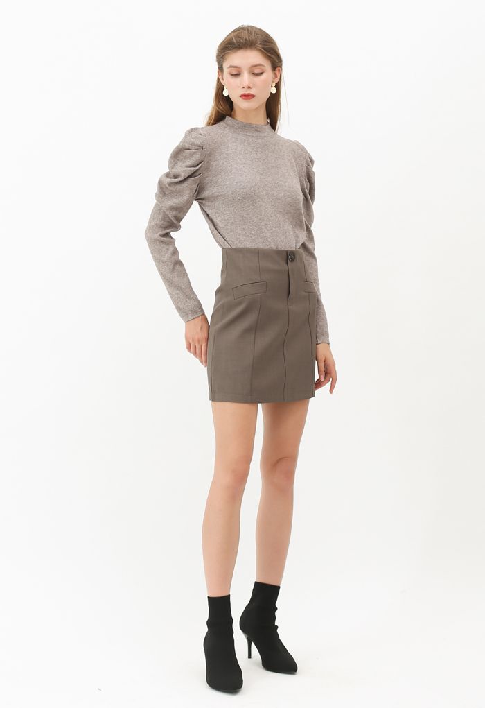 Mock Neck Bubble Sleeves Knit Top in Taupe