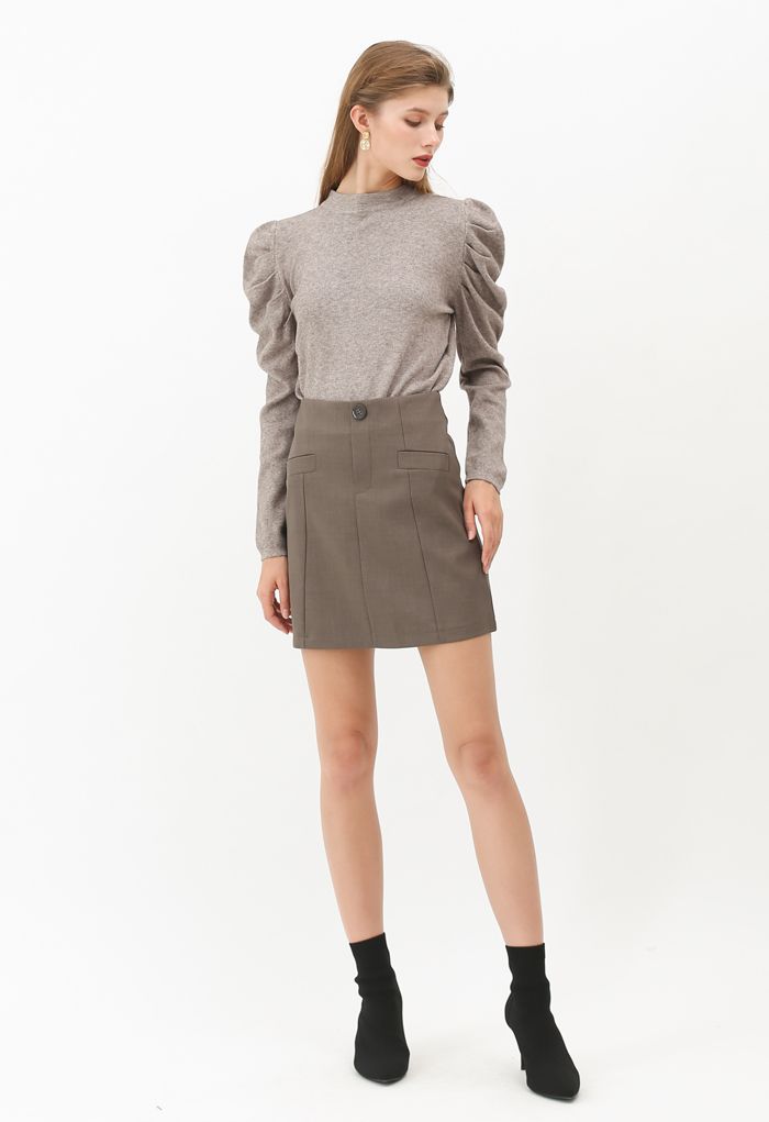 Mock Neck Bubble Sleeves Knit Top in Taupe