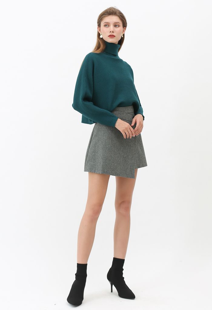 Basic Rib Knit Cowl Neck Crop Sweater in Dark Green