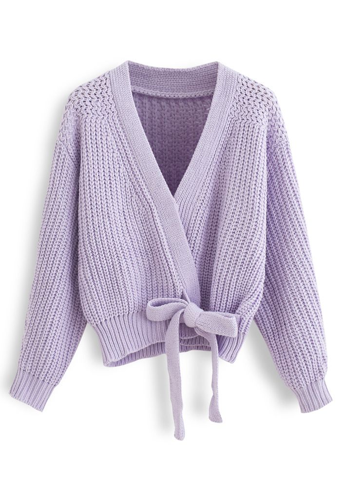 Wrap Bowknot Chunky Knit Sweater in Lavender