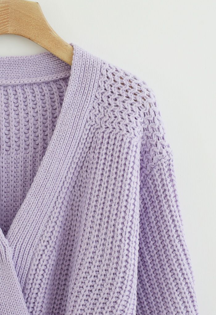Wrap Bowknot Chunky Knit Sweater in Lavender