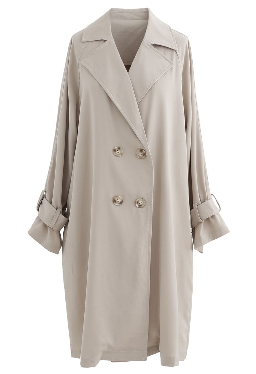 Belted Double-Breasted Chiffon Trench Coat in Sand