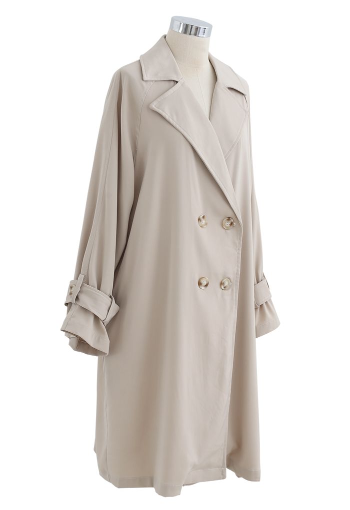 Belted Double-Breasted Chiffon Trench Coat in Sand