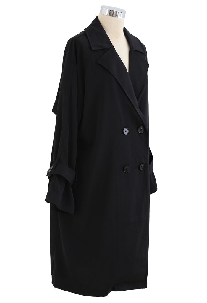 Belted Double-Breasted Chiffon Trench Coat in Black