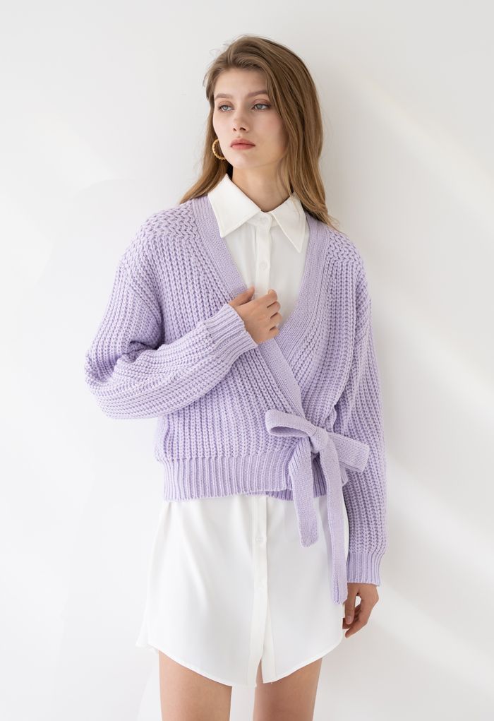 Wrap Bowknot Chunky Knit Sweater in Lavender
