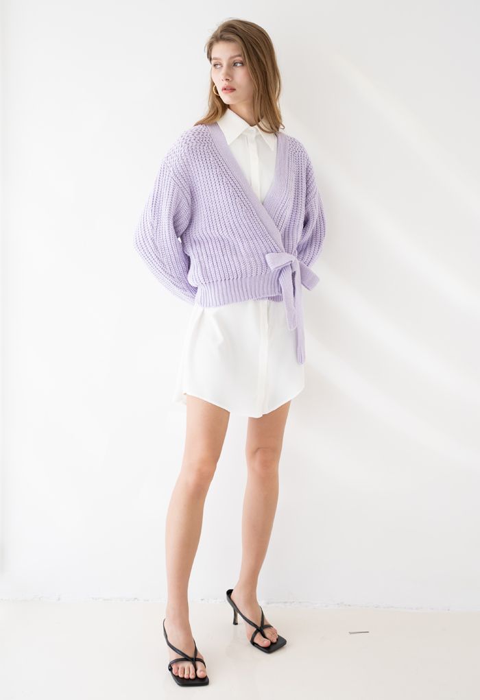 Wrap Bowknot Chunky Knit Sweater in Lavender