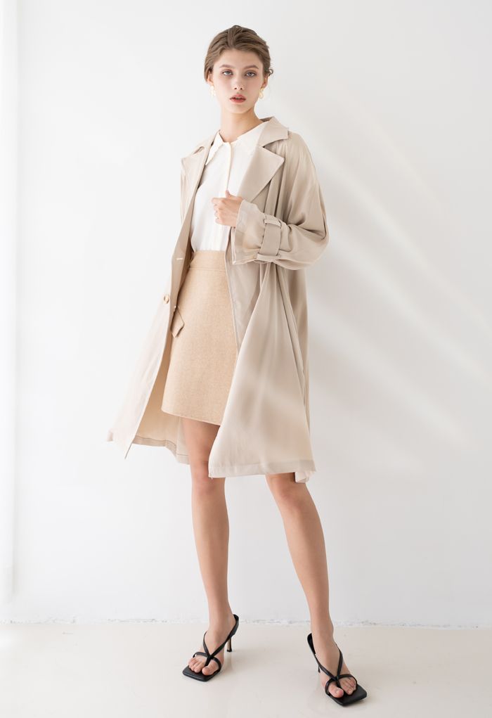 Belted Double-Breasted Chiffon Trench Coat in Sand