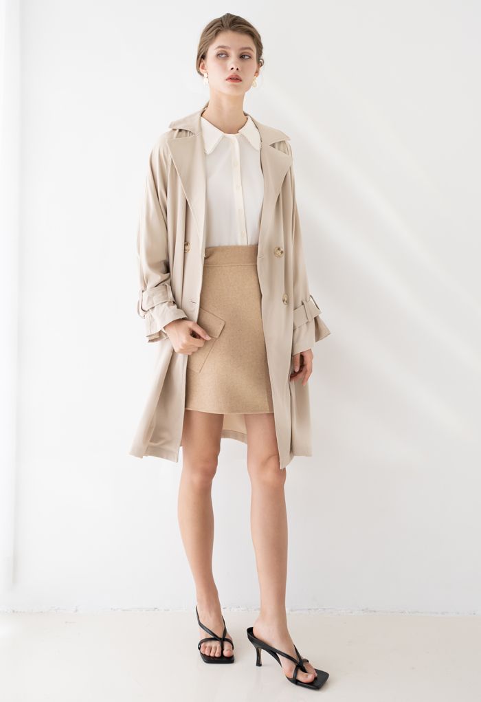 Belted Double-Breasted Chiffon Trench Coat in Sand